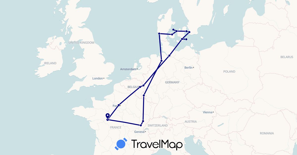 TravelMap itinerary: driving in Belgium, Germany, Denmark, France, Luxembourg, Sweden (Europe)